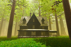 吓人的房子，在森林深处 3d 渲染 2