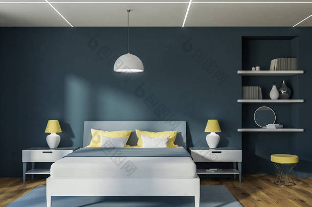 <strong>现代</strong>卧室的内部有灰色的墙壁, 一层木地板, 一张双人床和一个书柜。前视图。3d 渲染模拟