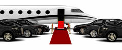3D渲染图像，描绘一个有红地毯和私人飞机/高级红地毯旅游船队的高档旅游船队 
