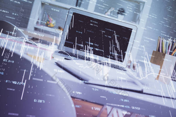有计算机背景的股票市场图表和表格.多重暴露。财务分析的概念.