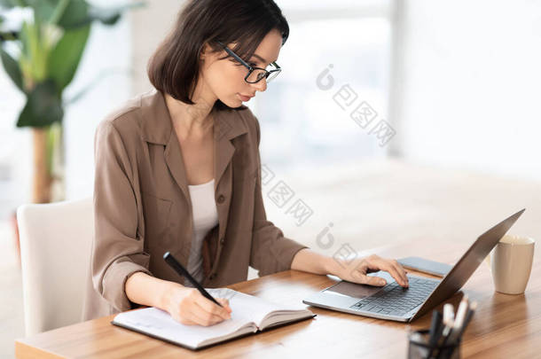 经理在笔记本上使用个人电脑和书写的肖像