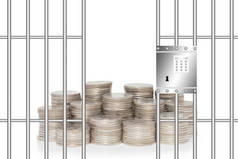 金融安全概念，一堆钱在监狱里用安全设备