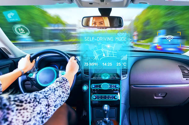 在自我驾驶模式下行驶的年轻女子自动驾驶仪商务豪华车或汽车在高速公路或高速公路上的运动模糊效果