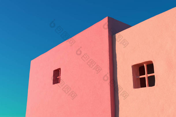 <strong>空荡荡</strong>的混凝土墙体具有清晰天空背景的城市房屋的三维渲染。小窗房屋外墙的细部.3d渲染.