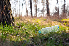 塑料瓶子躺在树下的草地上，沐浴在阳光下。环境污染、自然环境
