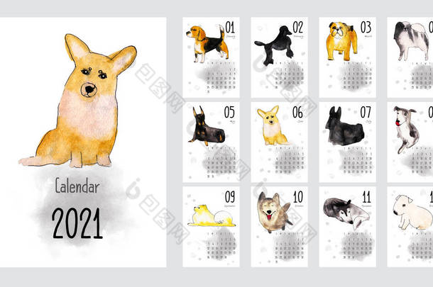 2021年<strong>每月</strong>创意日历与狗品种。水彩画。因白人背景而被隔离