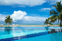 豪华酒店游泳池, 棕榈树, 蓝天, 白云.