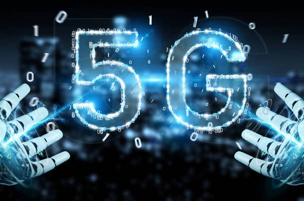 使用5g 网络数字全息图3d 渲染的白色机器人手在模糊背景上