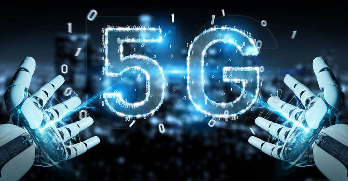 使用5g 网络数字全息图3d 渲染的白色机器人手在模糊背景上