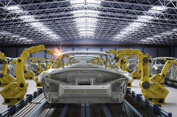 汽车制造厂三维渲染机器人装配线自动化汽车制造厂的概念