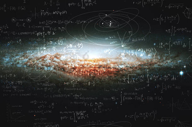 宇宙、螺旋星系和物理公式、知识概念和<strong>教育</strong>的科学和研究