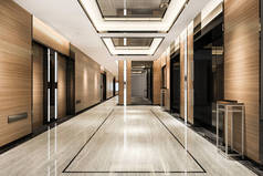 在靠近走廊的豪华设计商务酒店的大堂进行3D渲染
