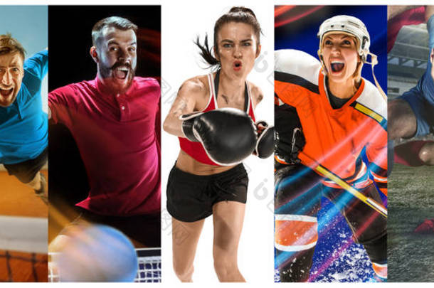 体育拼贴画关于足球, 美式足球, 羽毛球, 网球, 拳击, 冰和曲棍球, 乒乓球