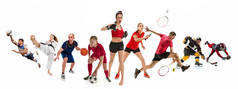 运动拼贴画关于跆拳道, 足球, 美式足球, 篮球, 冰球, 羽毛球, 跆拳道, 网球, 橄榄球