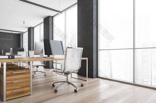 木制的办公室，靠窗的桌子上有扶手椅和电脑。灰色和木制的写字楼，配有现代简约家具，3D风格，没有人