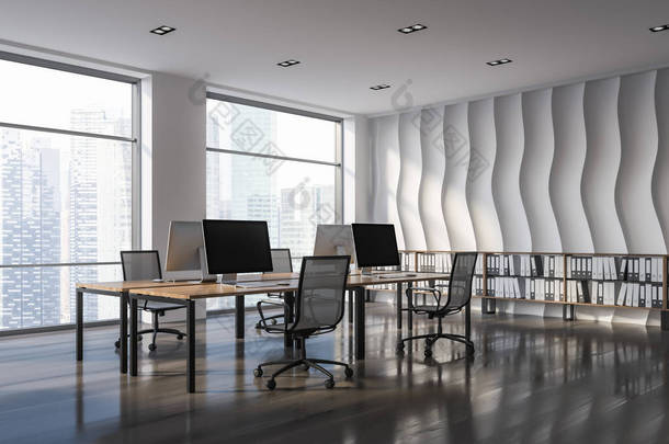 开放计划办公室角落与波浪样式墙壁, 木地板, 列计算机桌与椅子和架子与文件夹在他们。3d 渲染
