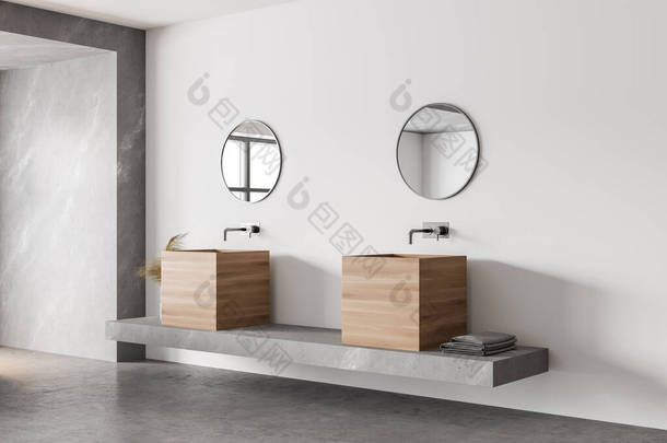 现代浴室的拐角处，有<strong>白色</strong>和大理石墙壁，还有两个带镜子的<strong>正方形</strong>水池。3d渲染