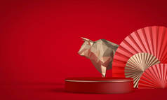 大牛背景的中国新年。红色和金色装饰。3D渲染