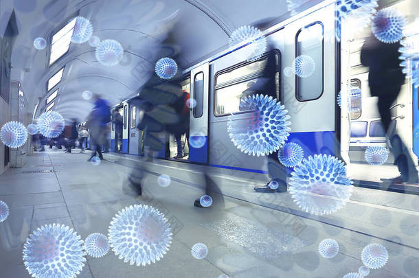 珊瑚病毒的背景模糊不清，抽象的横幅飘移，人们在地铁里活动