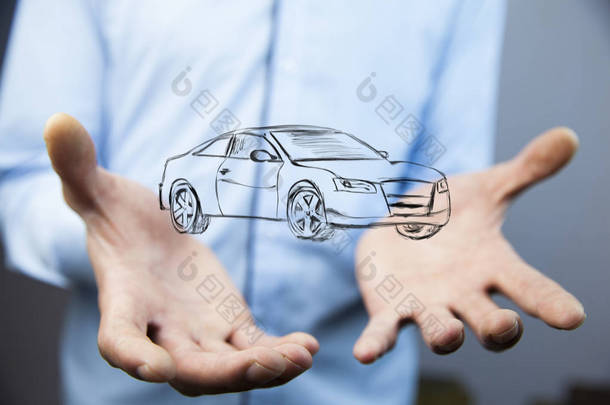 商人的手与汽车平面图标在灰色背景