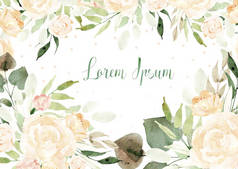 美丽的水彩画卡与玫瑰花朵和叶子。婚礼