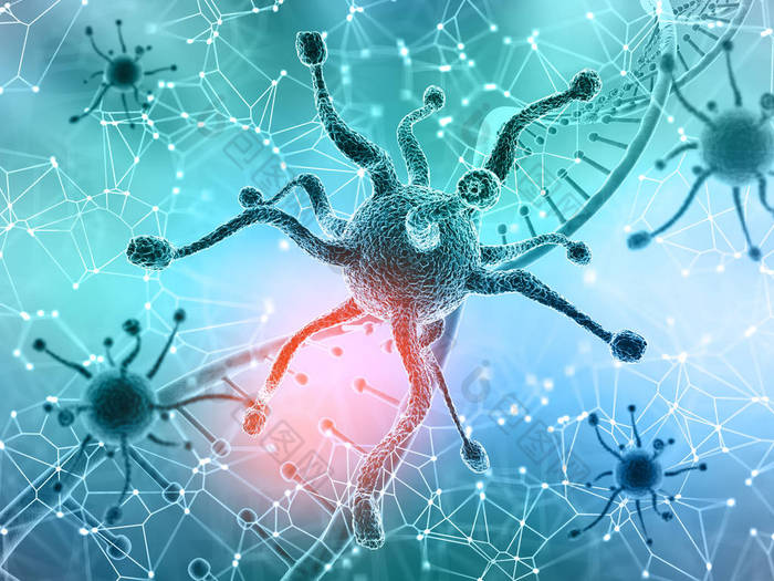 3d 渲染的医疗背景与病毒细胞和 dna 链