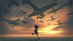 男孩玩纸飞机，看着飞机在夕阳西下的天空中飞翔，数字艺术风格，插图绘画