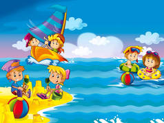 孩子们在海滩上玩耍, 在海边或海边玩耍--为孩子们画的插图
