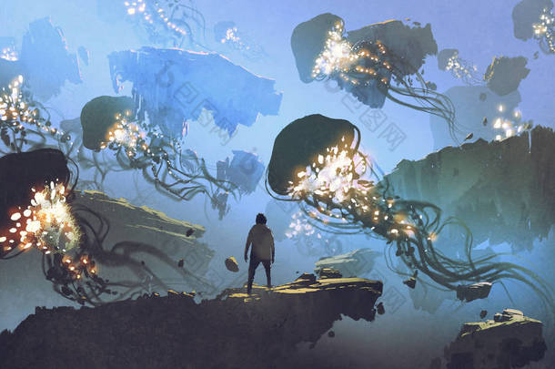 <strong>梦幻</strong>般的风景, 一个人看着巨大的水母漂浮在天空, 数字艺术风格, 插图画