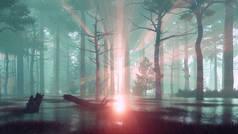 在薄雾的黎明或黄昏时分，沼泽森林中的日落光线