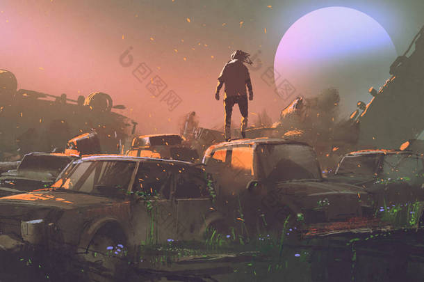 男子站在汽车墓地的废弃汽车屋顶上日落, 数字艺术风格, 插图绘画