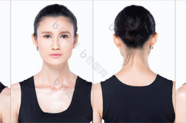 30年代亚洲女子黑发造型的胶合组人脸<strong>头像</strong>肖像画巨大化妆品。<strong>女孩</strong>在后视镜后视镜周围转过360度，许多人在白色背景下被隔离