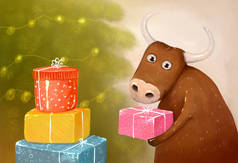 图上是一头可爱的棕色公牛，手里拿着礼物，在圣诞树下放着礼物。度假卡