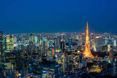 东京塔夜时间, 广角景观, 日本. 