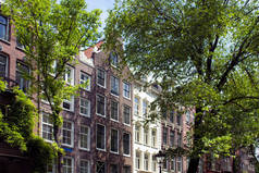 展示阿姆斯特丹荷兰建筑风格和树木的历史、传统和典型建筑景观。这是一个阳光灿烂的夏日.