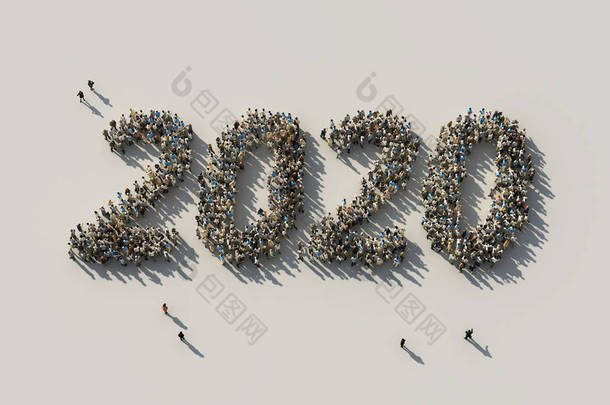人群作为2020年的数字，3D插图