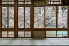 日本风格的木制窗户俯瞰着自然的树木