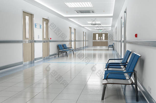 长长<strong>的</strong>医院明亮<strong>的</strong>走廊，房间和座位3D渲染
