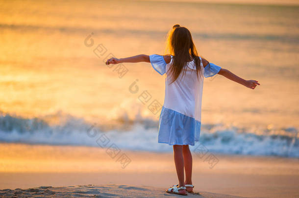 可爱的<strong>快乐</strong>的小女孩在白色海滩漫步日落.