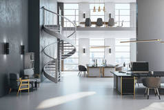 奢华的同事办公室内部与楼梯和计算机在台式机和城市视图.工作场所和公司的概念。3D渲染