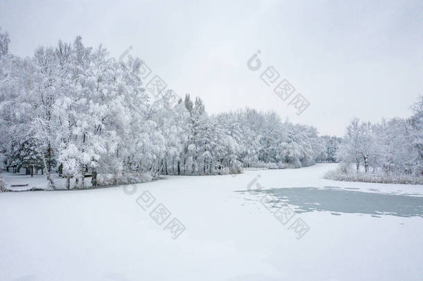 鸟的冬季美丽的风景与<strong>树木</strong>覆盖着白霜和雪。冬天的风景从上面。用无人机拍摄的风景照片.