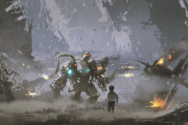 现场的男孩看着损坏的机器人谁保护他从战争, <strong>数字艺术</strong>风格, 插图画