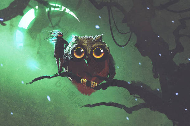 巨大的猫头鹰和它的主人站在夜晚的森林中的一个分支