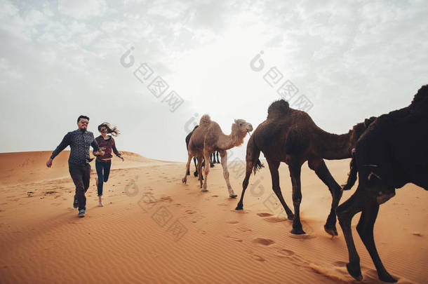 夫妇的旅客运行骆驼大篷车