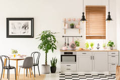 真实照片的明亮的厨房内部与棋盘地板, 粉彩粉红色配件, 新鲜植物和餐桌上的地毯