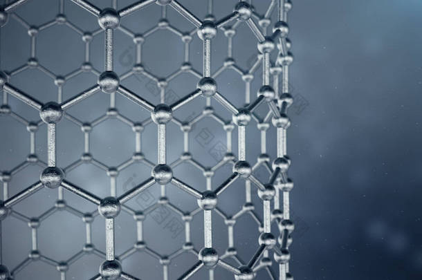 3d. 石墨烯管的渲染结构, 抽象纳米技术六角几何形式特写。石墨烯原子结构概念, 碳结构.