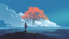 小男孩望着地平线上的巨大的秋树，数码艺术风格，插图绘画