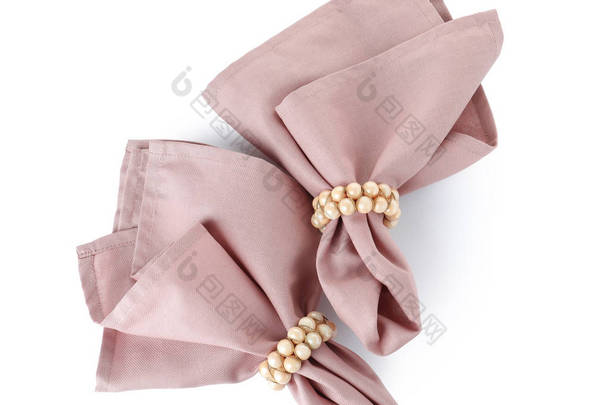 装饰戒指的织物餐巾纸, 用于在白色背景上设置桌子