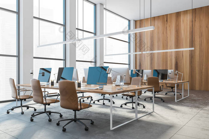 开放的办公室木制桌子和电脑时尚的现代新桌图片-包图网企业站