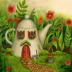 森林里的茶壶房，鲜花盛开，井井有条.